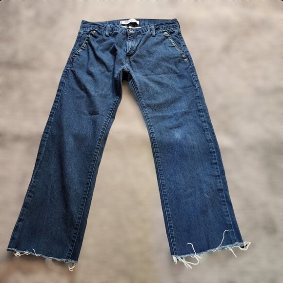 LEVIS 504 Straight Leg Frayed Hem Mens Blue Dark Wash Denim Cropped Jeans 30x24 - Picture 1 of 8